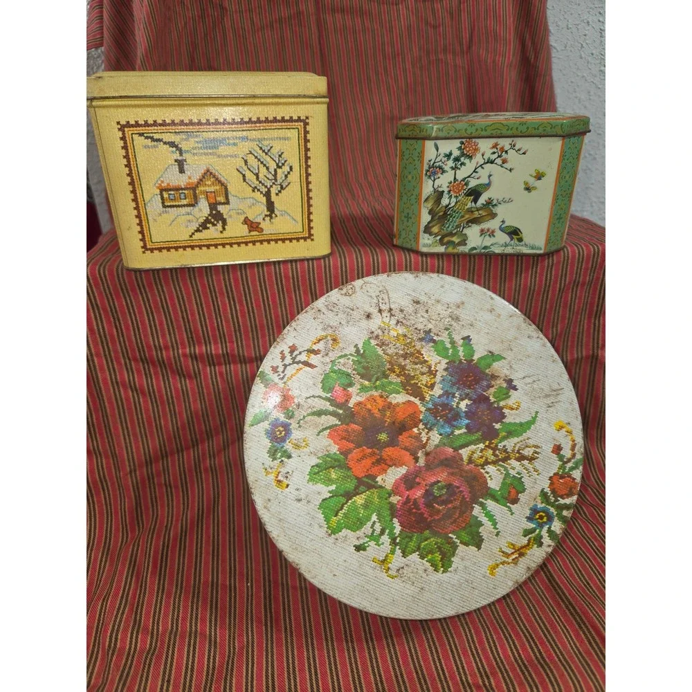 Vintage Metal Tin Lot Home Sweet Home Cross Stitch Chinoiserie Floral 3pc Set